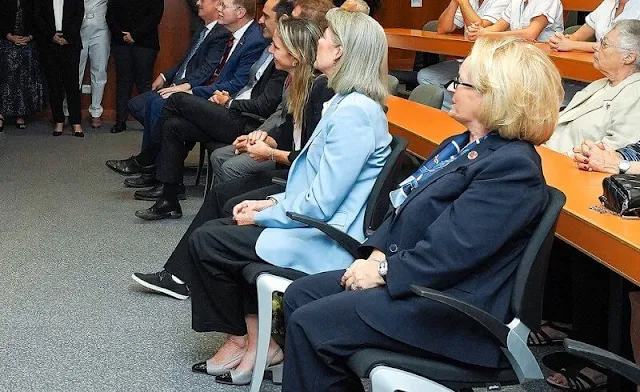 Princess Caroline wore a sky-blue wool blazer by Stella Mccartney. The Princess Grace Hospital in Monaco