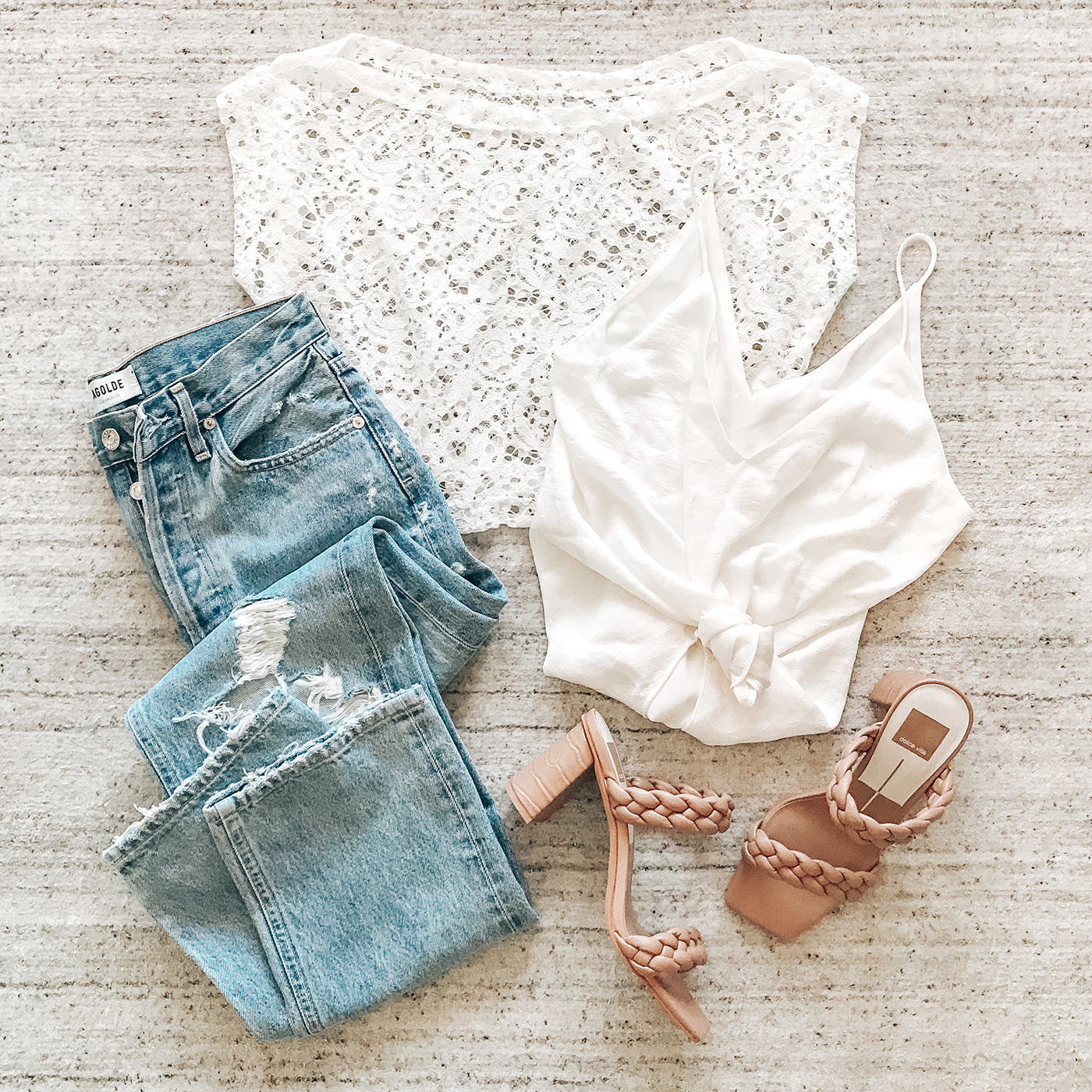 lace top, 90s loose fit jeans, braided dolce vita sandals, spring trends 2021