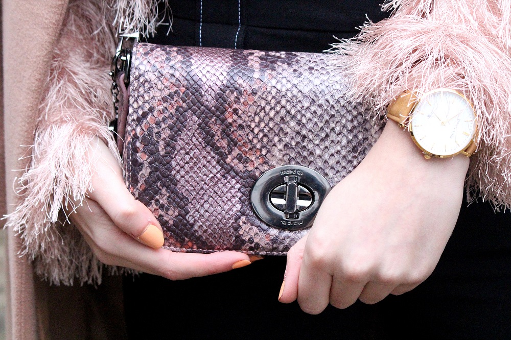 Pink snake print bag and abbott lyon suede watch