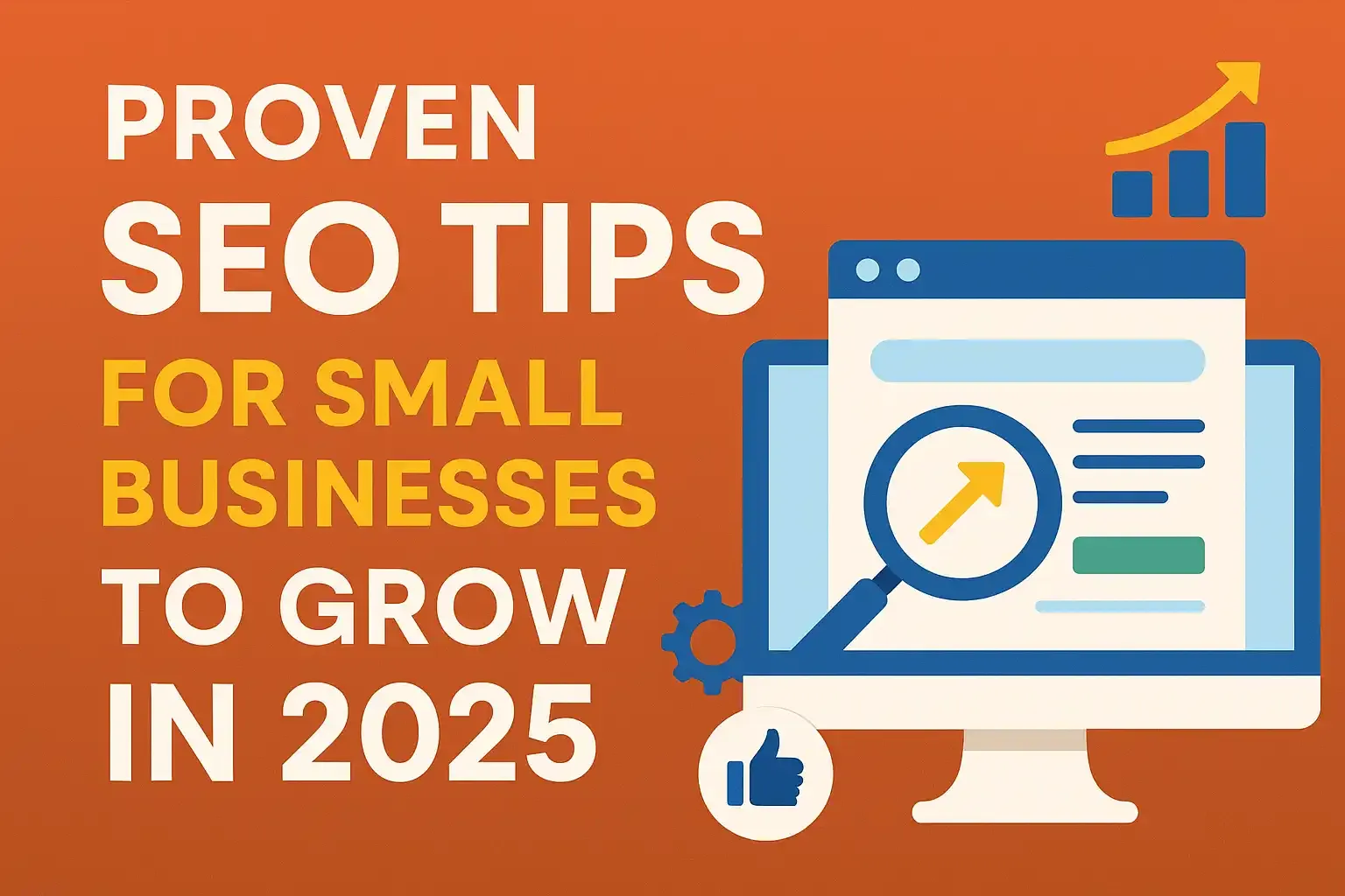 Illustration showing SEO tips for small businesses to grow in 2025 with a search engine results page on a monitor