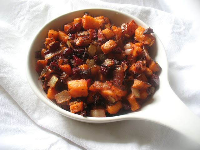 sweet white patato together with beet breakfast hash