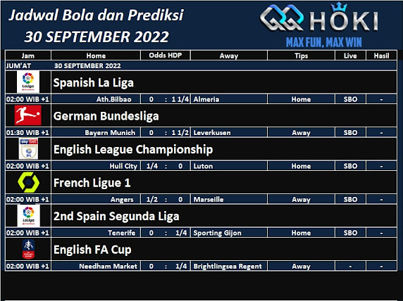 Jadwal Bola dan Prediksi 30 Sep 2022 QQHOKI