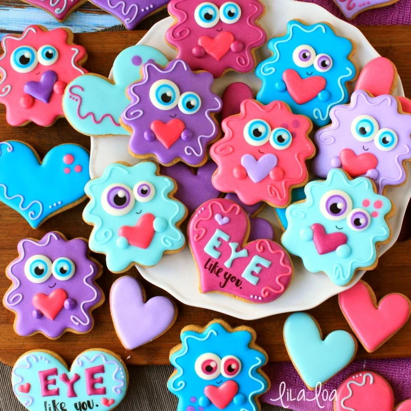 Cute love monster decorated chocolate sugar cookies