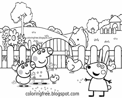 Mummy feeding cute chickens easy farm coloring pages Rebecca Rabbit Peppa Pig printables for kiddies