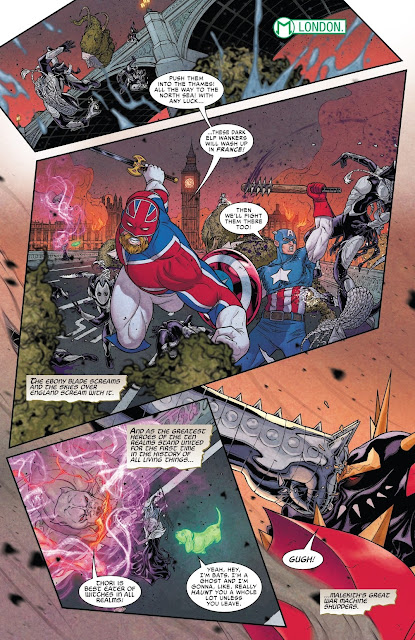 Captain Britain and Captain America fighting the Dark elves at London
