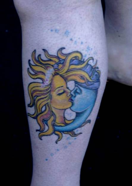 brightly coloured SunandMoon tattoo