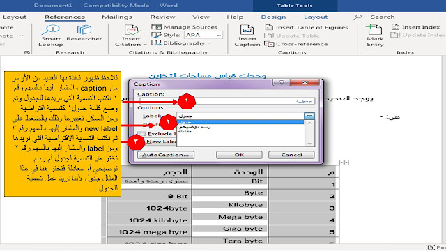 إدراج التسميات التوضيحية  caption للجداول والأشكال في برنامج الوورد Microsoft word