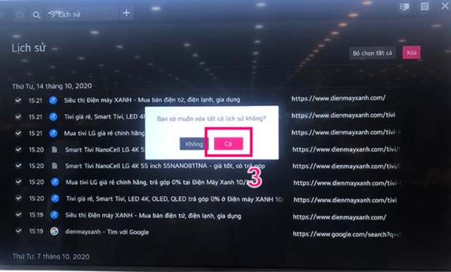 Chọn Có để xóa tất cả lịch sử duyệt web được chọn