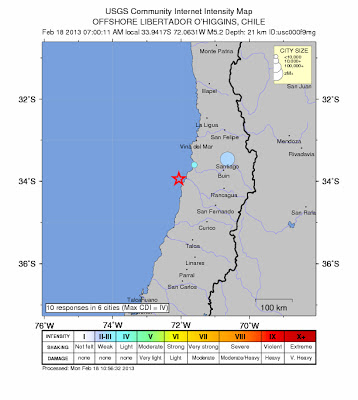 Sísmo de 5,4 grados sacude centro de Chile, 18 de febrero de 2013
