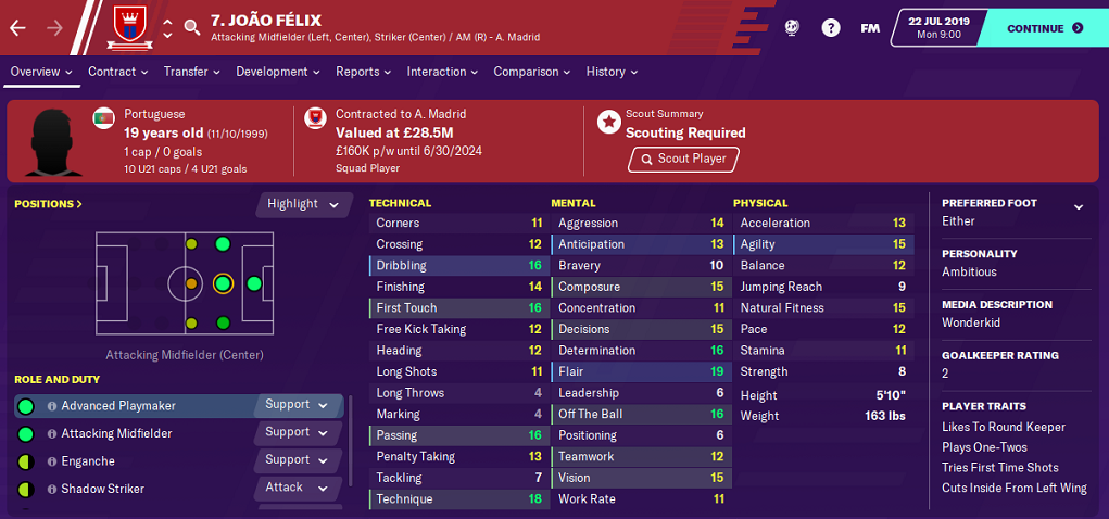 Joao Felix: Starting Attributes in FM2020