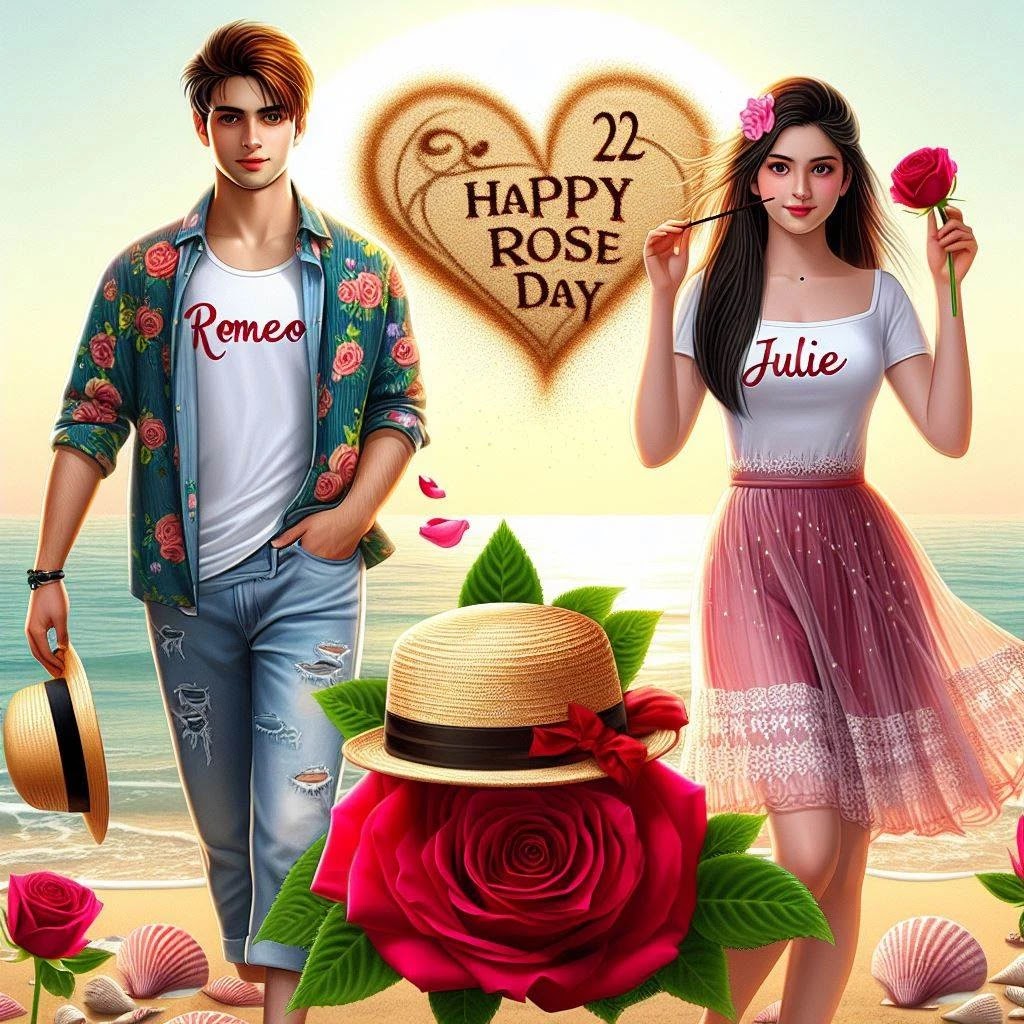 Romantic Stroll: 22-Year-Old Couple Embracing 'Happy Rose Day' on a Vibrant Beachscape with Personalized Attire