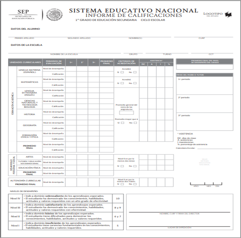 informe de calificaciones 2018 - 2019 para secundaria