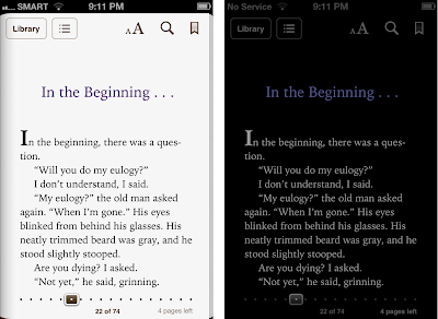 Comparison between Normal and Night themes in iBooks for iPhone 4S.