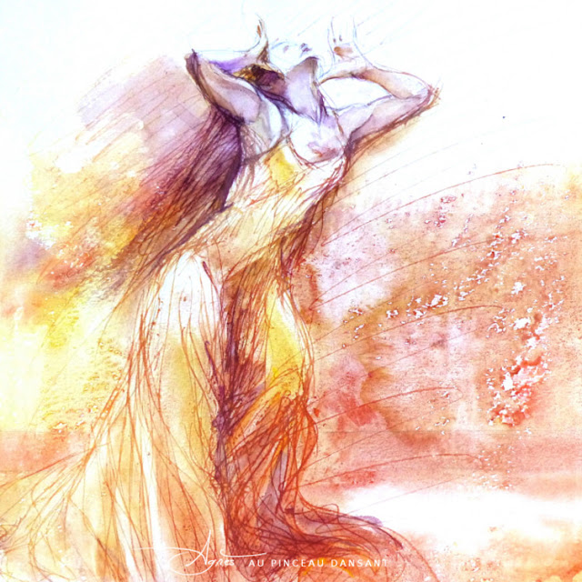 peinture, danseuse, robe, jaune, agnes gregis, au pinceau dansant, danse, alizarines, aquarelle, art, jaune, robe longue, lumière, contemporain, scribble art