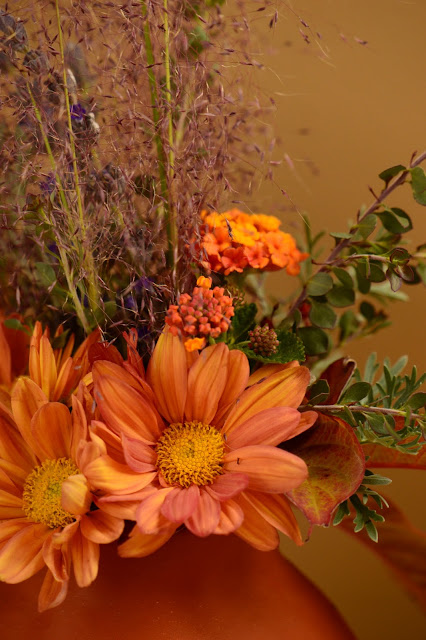 Monday vase meme, amy myers, small sunny garden, desert garden, pottery, ceramics, chrysanthemums, artemisia powis castle, lavender goodwin's creek gray, hamelia patens, muhlenbergia regal mist, lantana