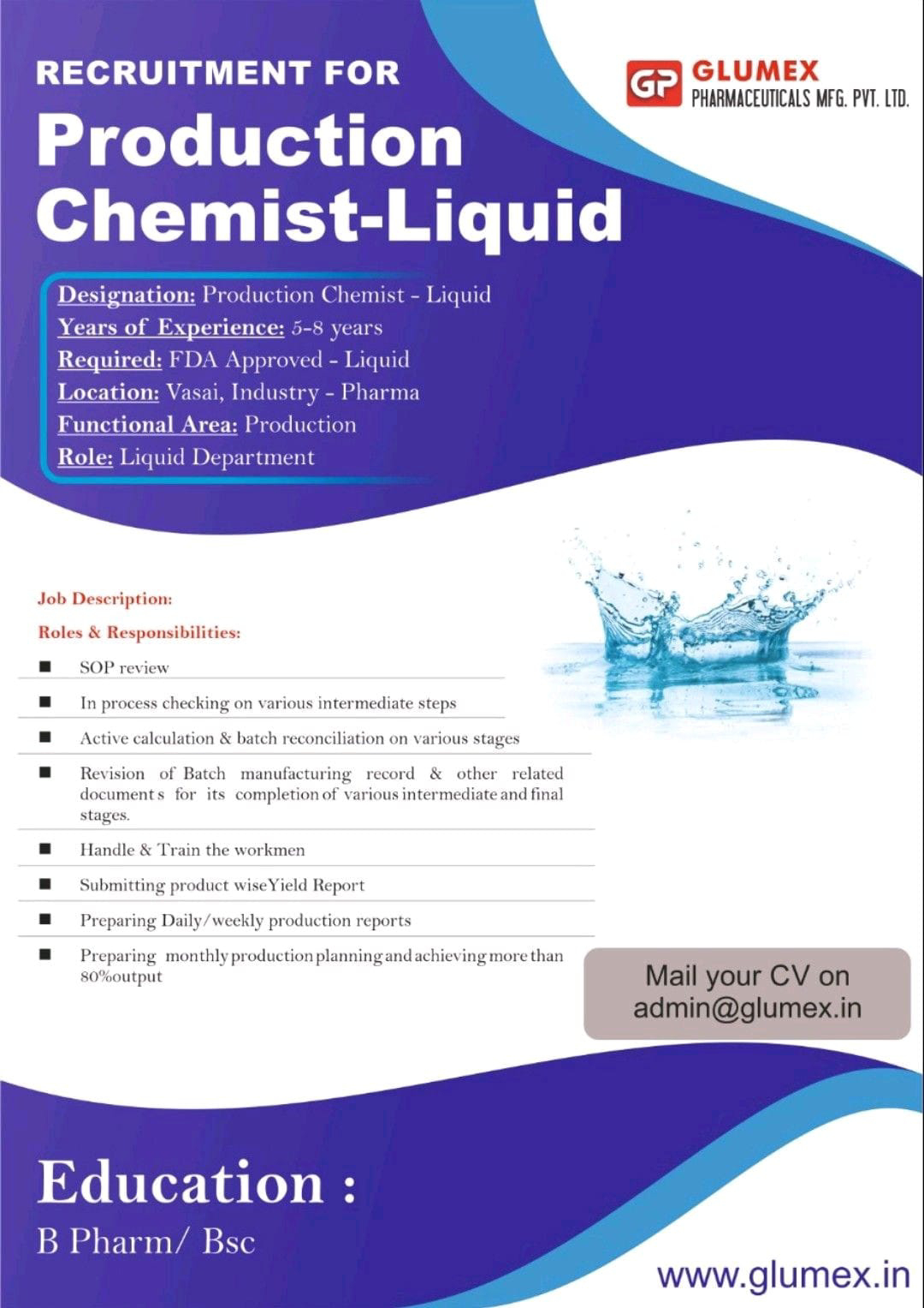 Job Availables, Glumex Pharmaceuticals Mfg Pvt Ltd Job Vacancy for Production Chemist-Liquid