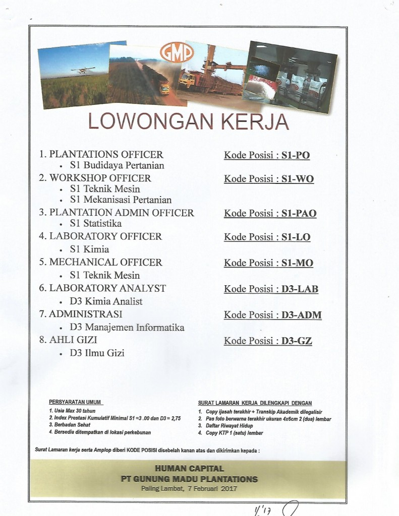 Bursa Kerja Lampung - PT. GUNUNG MADU PLANTATIONS