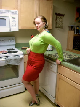 Grinch green cardigan with red pencil skirt, 60's look, Adventures in the Past blog
