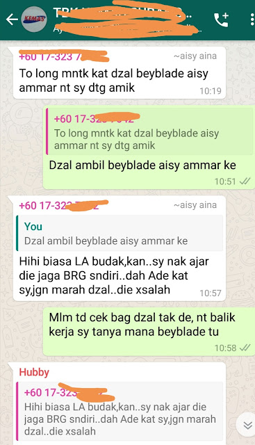 MACAM-MACAM HAL KAT GROUP WHATSAPP SEKOLAH - mummy perasan sesebelum ni, ramai kawan-kawan rasa mengeluh di Group Whatsapp sekolah anak masing-masing. Kadang-kadang pagi tu, penuh dengan ucapan selamat pagi, wish itu, wish ini. So far, bagi mummy lah...mummy okay je bab tu semua. Lantak pi lah nak ucap apa pun kan. Tapi..tapi..kalau kat group whatsapp sekolah tu boleh mengganggu rutin kami suami isteri. Bab ini, boleh jadi marah.    MACAM-MACAM HAL KAT GROUP WHATSAPP SEKOLAH       MACAM-MACAM HAL KAT GROUP WHATSAPP SEKOLAH. Apa yang boleh naikkan marah kami suami isteri??? Okay ...kita baca conversation Whatsapp ni dulu ye.     017-32*** - Tolong mintak Dzal beyblade Aisy Ammar nanti saya datang amik  Mummy - Dzal ambil beyblade Aisy Ammar ke  017-32*** - Hihi biasala budak,kan...saya nak ajar die jaga barang sendiri..dah ade kat sy, jangan marah Dzal..dia tak salah (masa ini, mummy tengah attend meeting client kat KL. Memang tak baca habis..tapi dari ayat awal-awal tu macam salahkan Dzal dan ayat pusing-pusing cakap nak ajar anak. Dan..mummy tak perasan "dah ada kat saya" sebab ayat ko macam ******. Tolong lah straight to the point, aku banyak keje wei..tak kuasa nak hadam penulisan ko tungang langgang)            Mummy - Malam tadi cek beg Dzal tak de, nanti balik kerja saya tanya mana beyblade tu    Agaknya daddy perasan mummy tak jawab sebab tengah meeting. Daddy sambung conversation .    Daddy - Dah di pulangkan ke?  017-323*** Eh dah di pulangkan..hihi  017-323*** Udah...sbb Aisy Ammar sekolah kejap je tadi.,.selalu tak bawa mainan, harini sebab menangis nak g sekolah tadi.    Ok fine ! Kesimpulannya, beyblade tu dah ada pada ananknya "Aisy Ammar". Mummy nak je tanya lagi...dalam group tu, dah dapat, apasal nak tanya lagi? Dan kenapa nak mentioned nama Dzal??? Dzal pun masih dalam sekolah lagi (waktu balik sekolah 12 tengah hari). Tapi..malas pulak nak besarkan cerita. Just tak balas lah..senyapkan aje lah.  Mummy pelik kadang-kadang mak jenis gini..ko dah lah tak kerja..ambil anak tu kat sekolah. Ko boleh je tanya Dzal tu,kan? Nak meroyan kat group tak tentu hala tu ...apa pasal??    Kalau anak-anak kami ambil barangan orang dan bawa balik ke rumah. YES! Kami admit kesalahan anak-anak kami. Memang lunyailah tangan depa tu nanti daddy kerjakan.  Tapi, anak-anak kami tak bawa pun beyblade anak beliau.    Anak kami pun ada 4 set beyblade kat rumah. So far, tak jakun dan hadap sangat beyblade tu ha !  Dah petang sedikit, mungkin mak budak tu serba salah, PM mummy minta maaf. Eh..pandai PM rupanya hahaha. Kenapa tak minta maaf dalam group tu???  Takut...malu??   Apapun, memang mummy maafkan, ni semua pengajaran buat semua dalam group tu ! Jangan nak melenting ikut nafsu menggila tu haa..  Pakai akal dan fikiran yang Allah dah berikan !