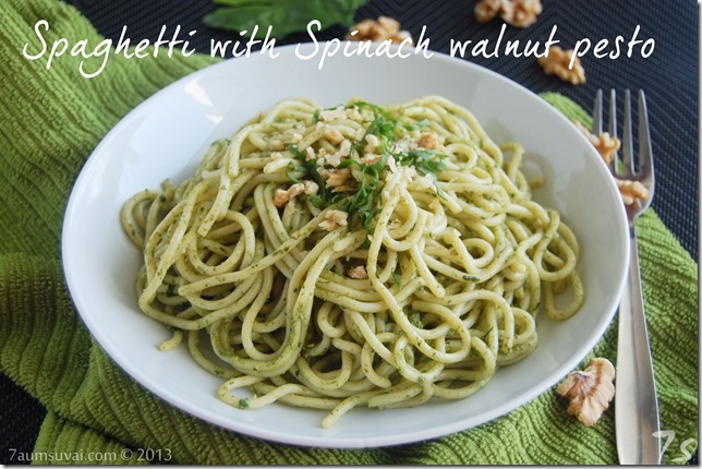Spaghetti with spinach walnut pesto