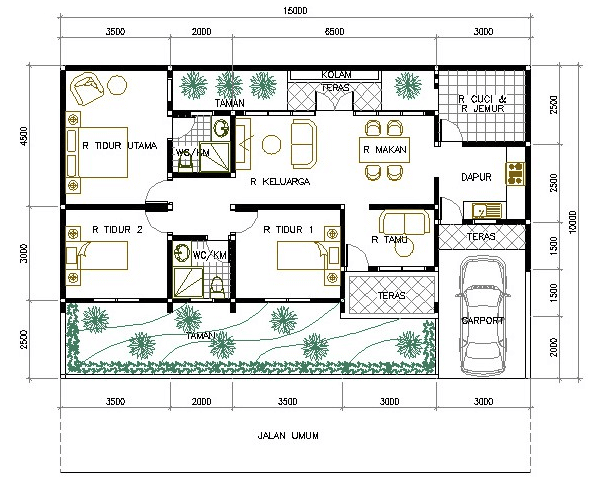 20 Denah  Rumah  Minimalis  1 Lantai 3  Kamar  Tidur Yang 