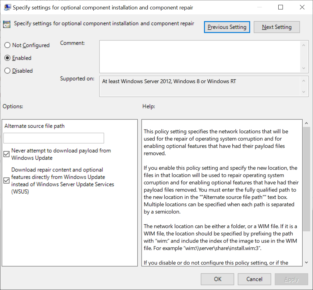 Specify settings for optional component installation and component repair group policy setting
