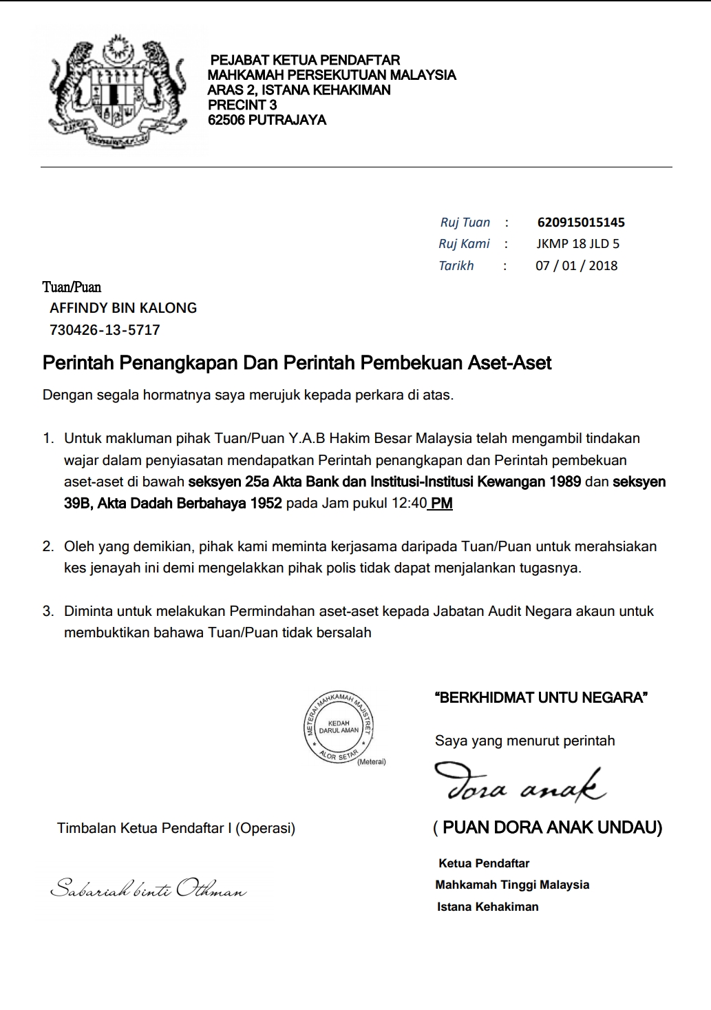 Contoh Surat Pendaftar Mahkamah