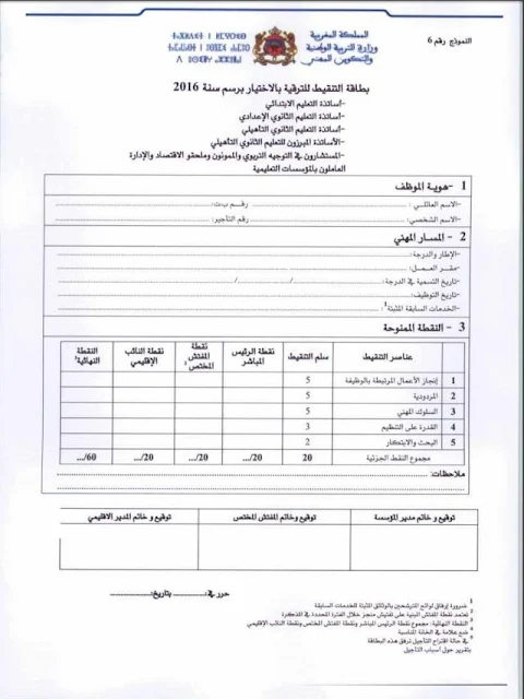 بطاقة التنقيط للترشح للترقي في الدرجة بالاختيار 