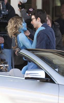 AnnaLynne McCord dressed as an Avatar on the set of 