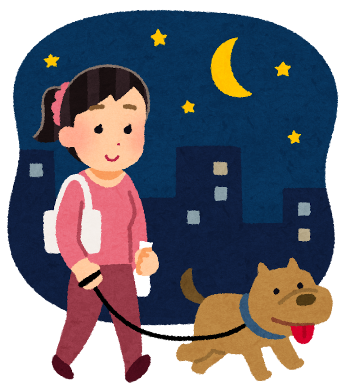 夜の犬の散歩のイラスト 女性 かわいいフリー素材集 いらすとや