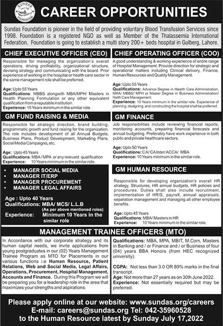 Sundas Foundation Lahore Jobs 2022 July Management Trainee Officers and Others Latest New Staff Jobs in Pkjobstrack