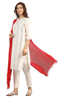 Aurelia Women Ecru Band Collar Cotton Fit and Flare Kurta