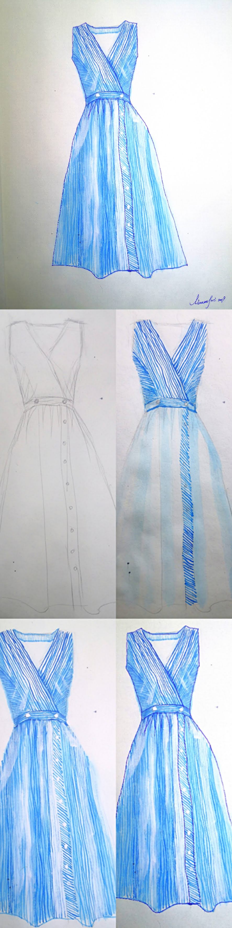 How to paint blue dress fashion in watercolor