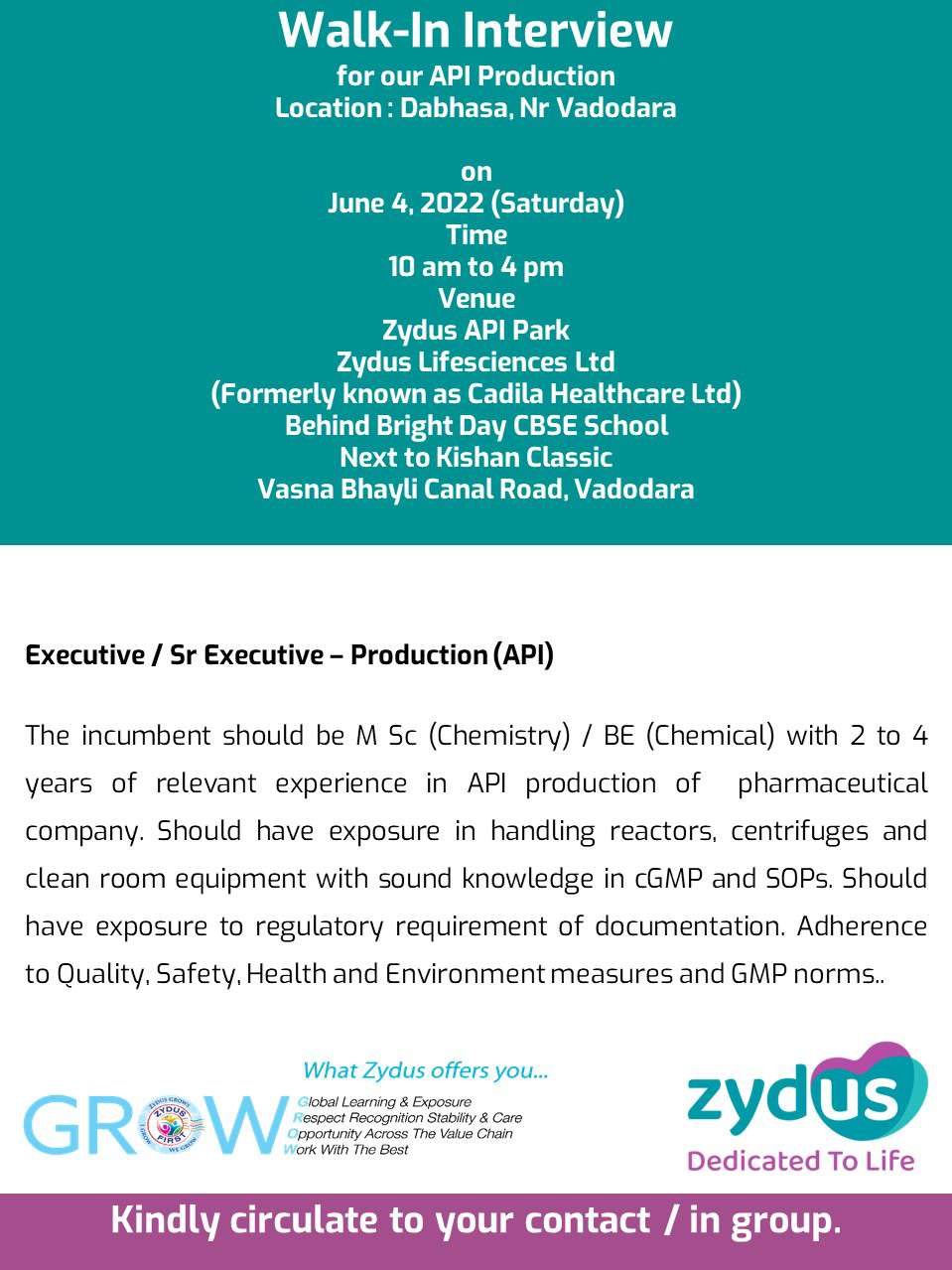 Job Available's for Zydus Lifesciences Ltd Walk-In Interview for MSc Chemistry/ B.E Chemical