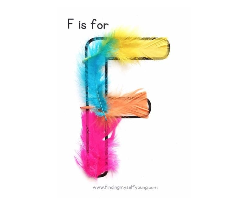 sensory letter F made with feathers.