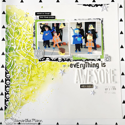 Everything is Awesome Scrapbook Layout by Samantha Mann for Newton's Nook Designs, mixed media, stencil, halloween, scrabooking, #newtonsnook #newtonsnookdesigns #scrapbooklayout #scrapbook #mixedmedia #watercolor