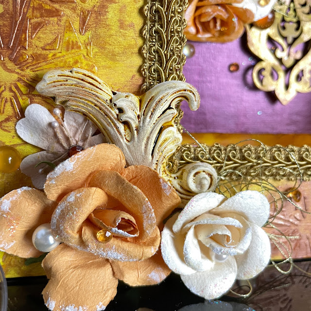 Golden Shrine made with Prima flowers, chipboard, melange, paint, memory hardware; Reneabouquets butterfly; Tim Holtz tiny lights and Pinkfresh crystals