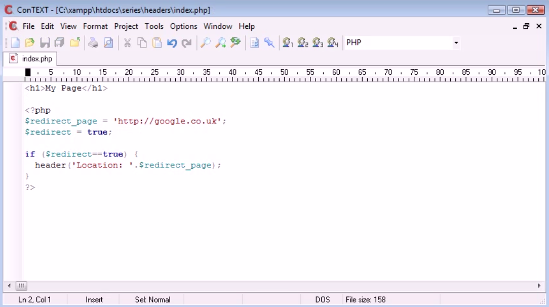 code for using header function to force page redirect
