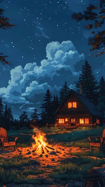 Lonely Wood House At Night Wallpaper for iPhone