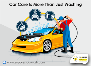 An illustration of a yellow car having car wash at Car Care Outlet.