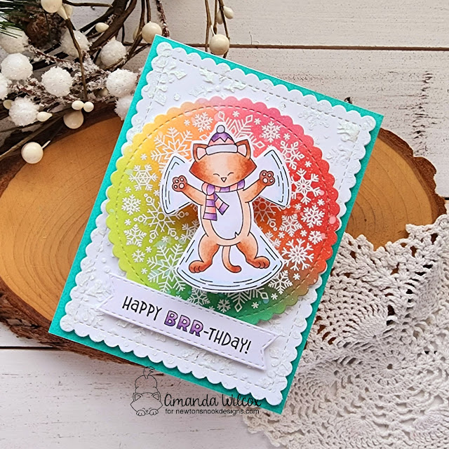 Happy Brr-thday Card by Amanda Wilcox | Snow Angel Newton Stamp Set, Snowfall Roundabout,Snowfall Stencil and Frames & Flags and Banner Trio Die Set by Newton's Nook Designs #newtonsnook #handmade