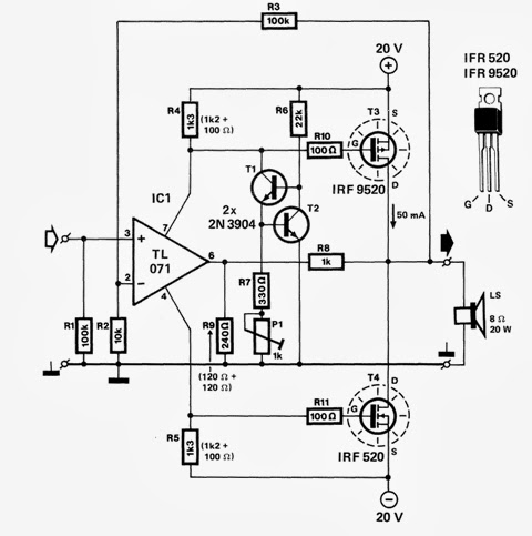  Power  Amplifier Mosfet  20 W Skema  Rangkaian Elektronika