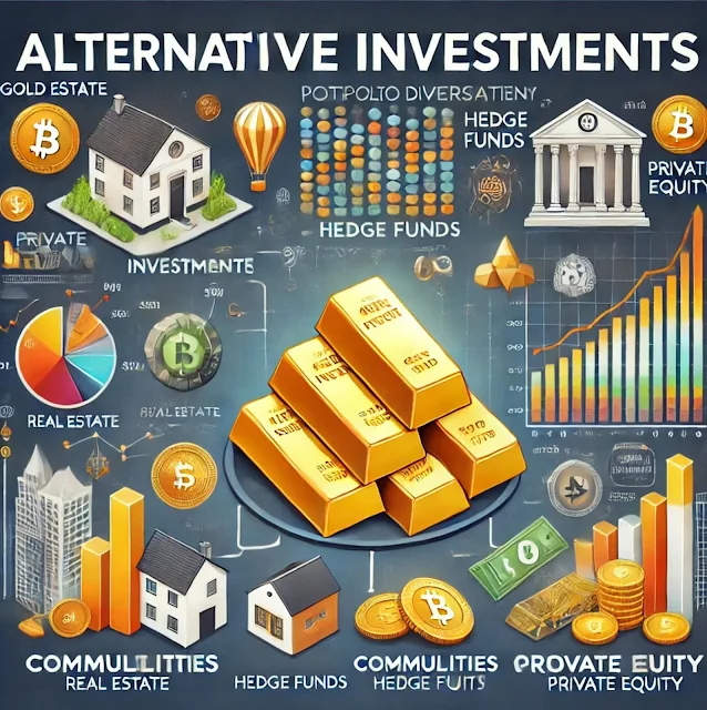 An infographic showcasing alternative investments, featuring real estate, commodities, hedge funds, cryptocurrency, and private equity, with a financial growth chart highlighting portfolio diversification and wealth-building.