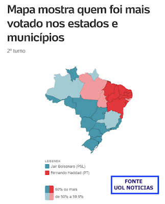 Mapa do Brasil com informações sobre as eleições presidenciais de 2018