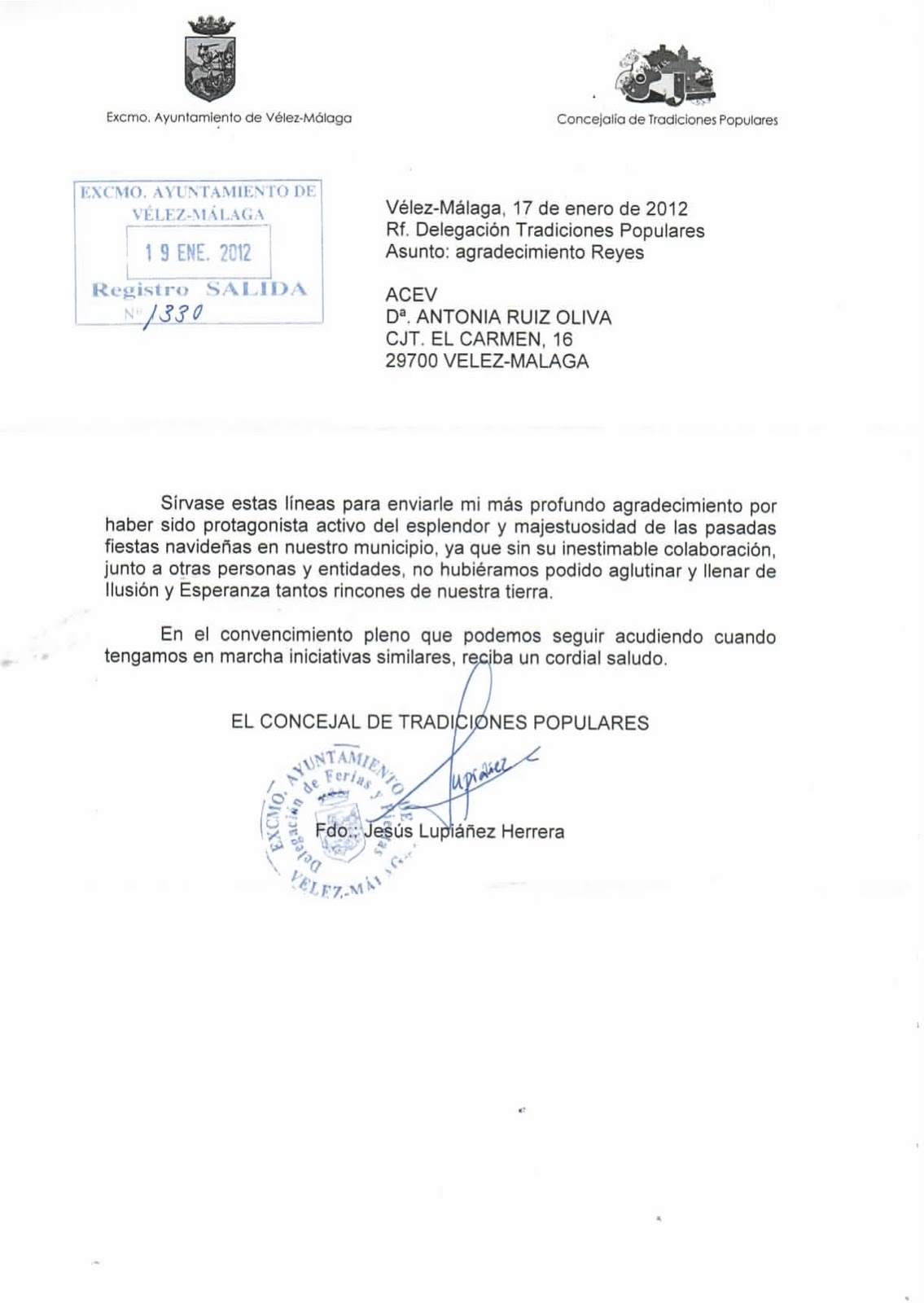 Asociación de Empresarios de Vélez Málaga - ACEV: Carta de 