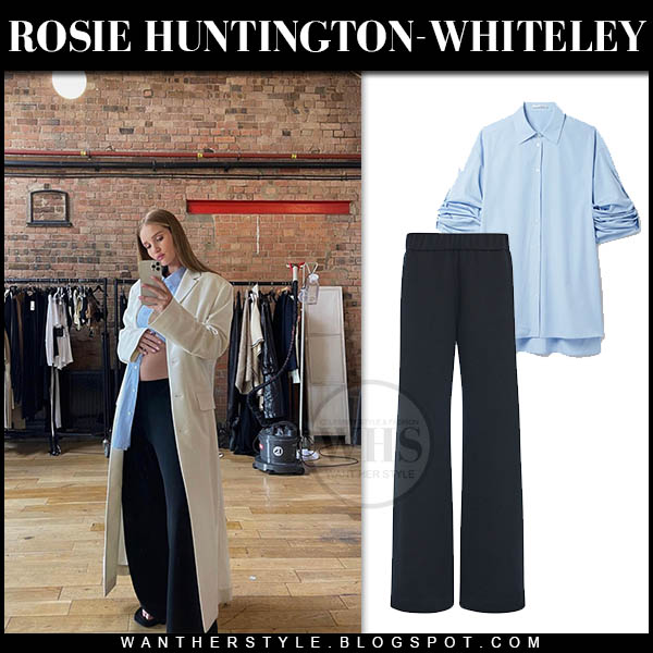 Rosie Huntington-Whiteley in long coat, blue shirt and black pants