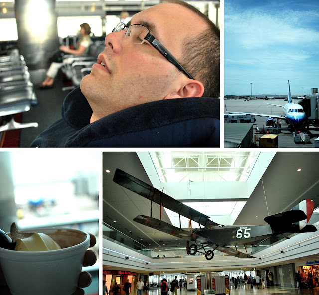 Four photos of the Denver airport. Shane resting at the gate. A small jet, like the one we flew in, parked at a gate. A vintage WWI aircraft suspended from the ceiling of the Denver Airport. A cup of frozen yogurt in front of the window overlooking our airport gate.