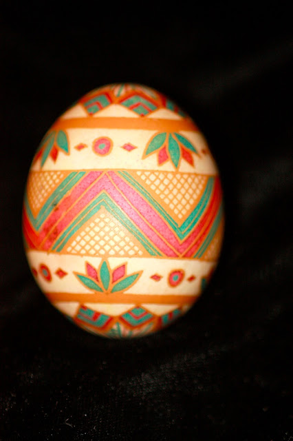 Ukrainian Egg Brown Chicken Egg Etched with Simple Design, Muted Colors Pink and Blue