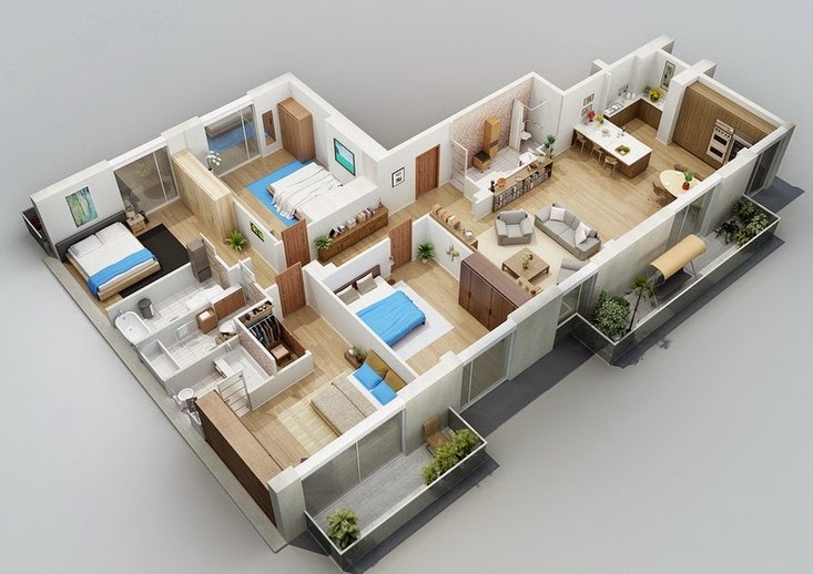 desain denah rumah 1 lantai 4 kamar tidur tampilan 3D