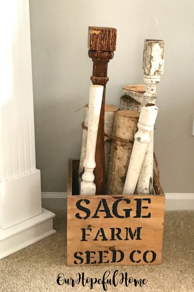 Sage Farm Seed Co. wooden box stenciled balusters